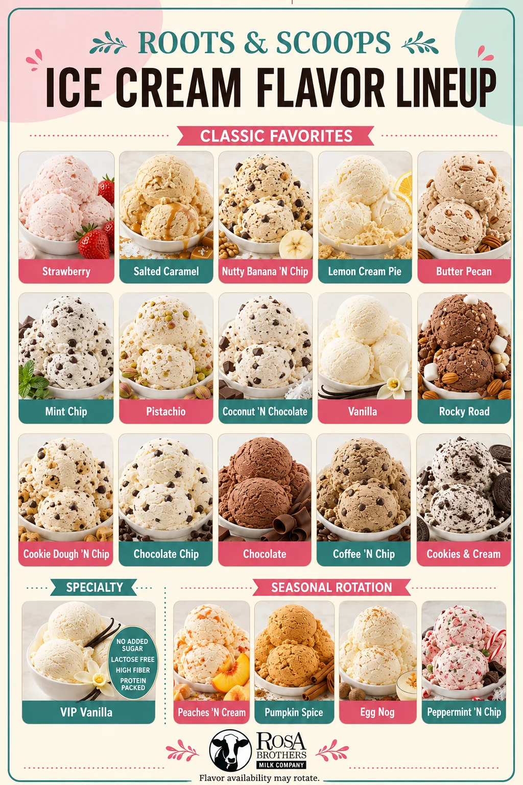 Variety of ice cream flavors in bowls from Rosa Brothers Milk Company