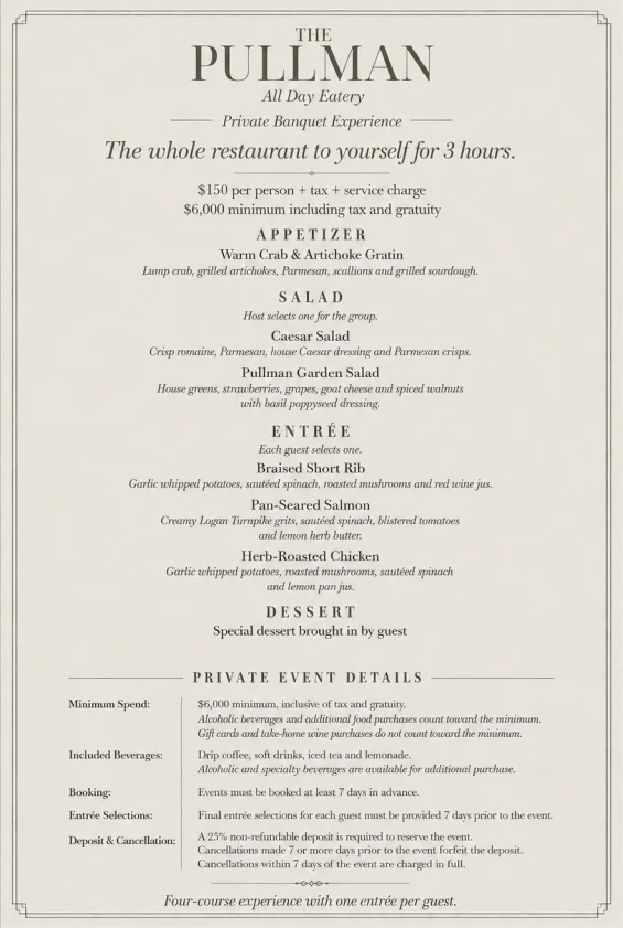 Elegant banquet menu for a private dining experience at The Pullman restaurant