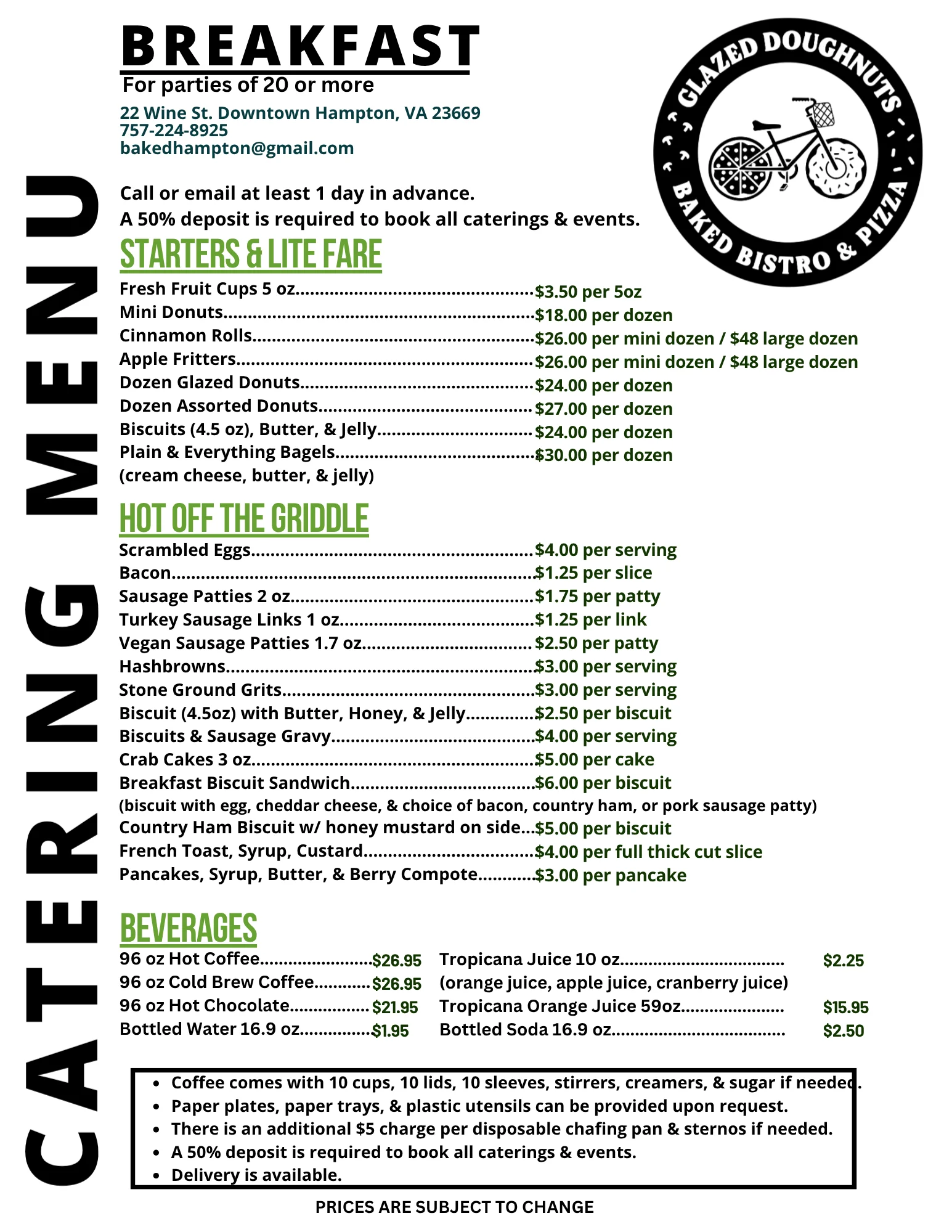 Catering menu featuring various food options and pricing details.