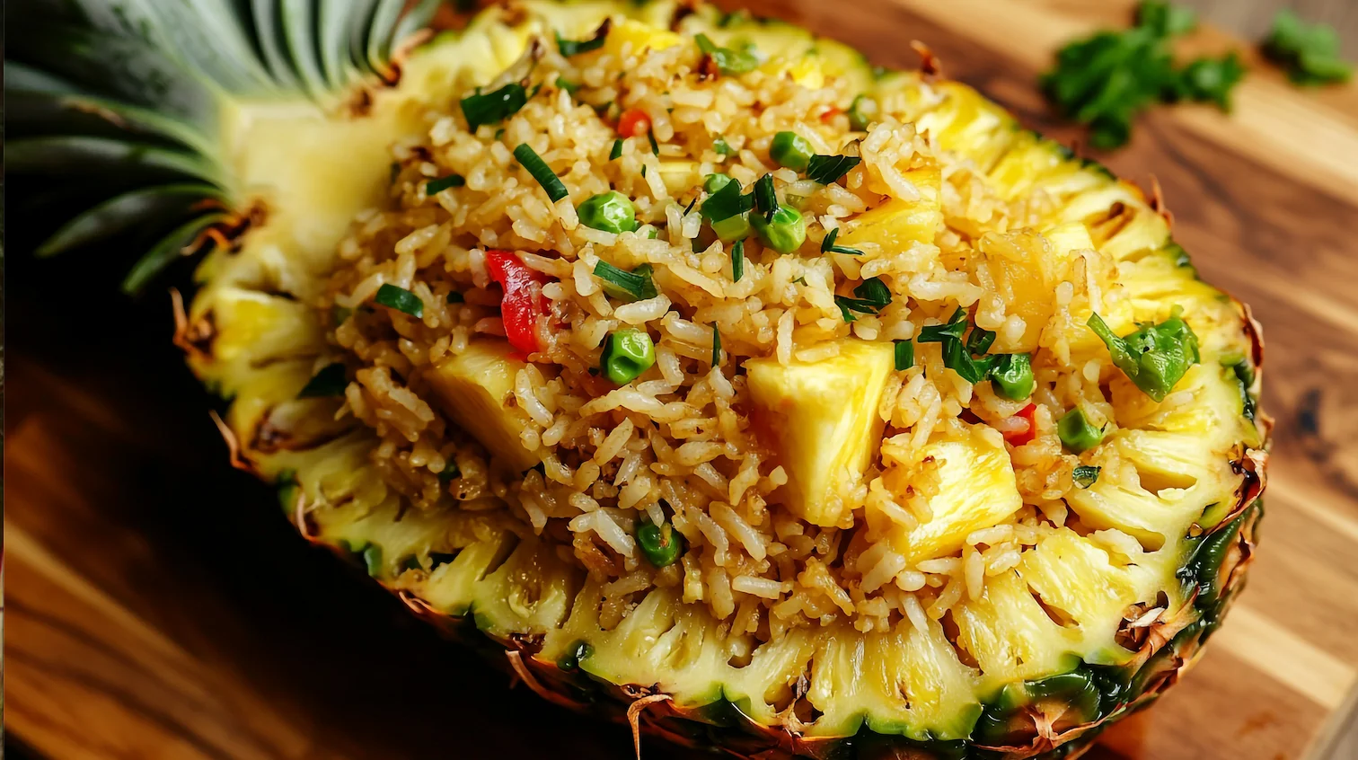Pineapple fried rice served in a fresh pineapple shell