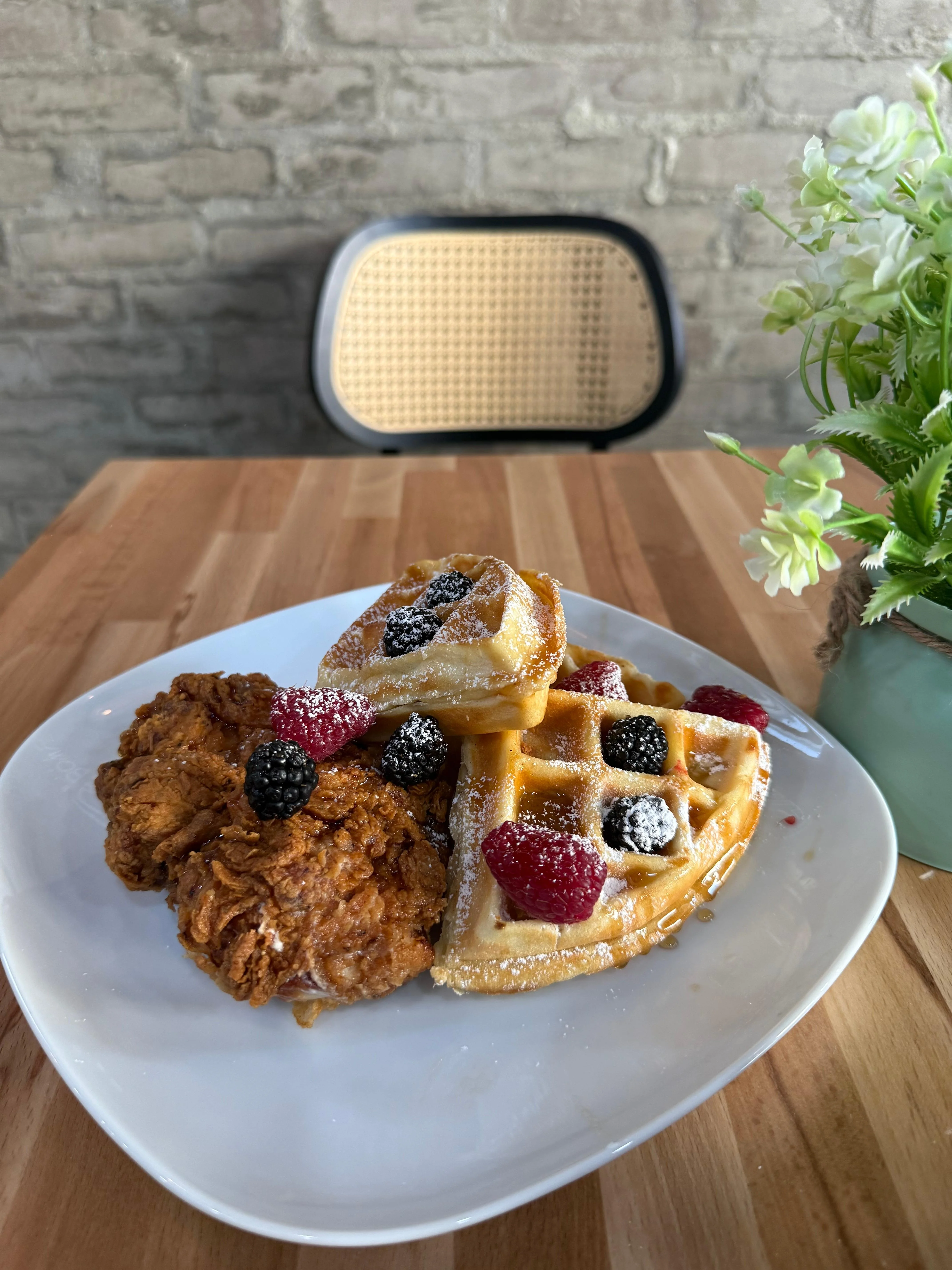 Chicken & Waffles with Fresh Fruits
