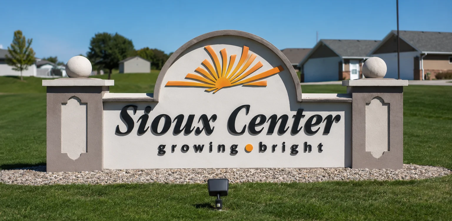Welcome sign for Sioux Center, Iowa with bright sun design