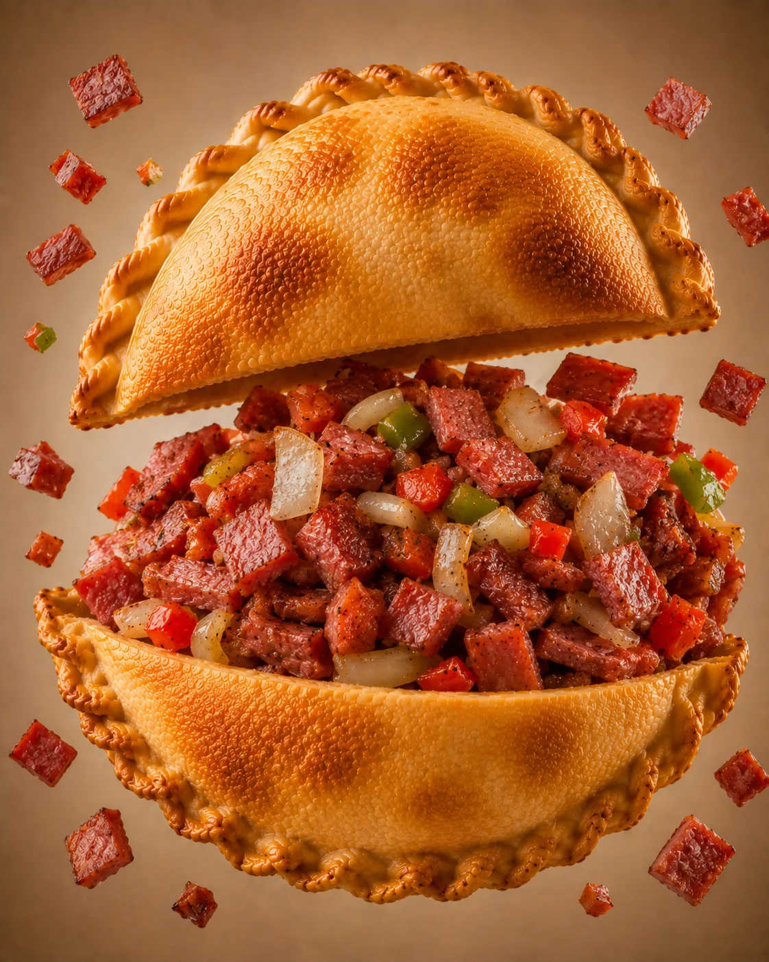 A halved pastry filled with diced meat, onions, and peppers, surrounded by small cubes of meat.
