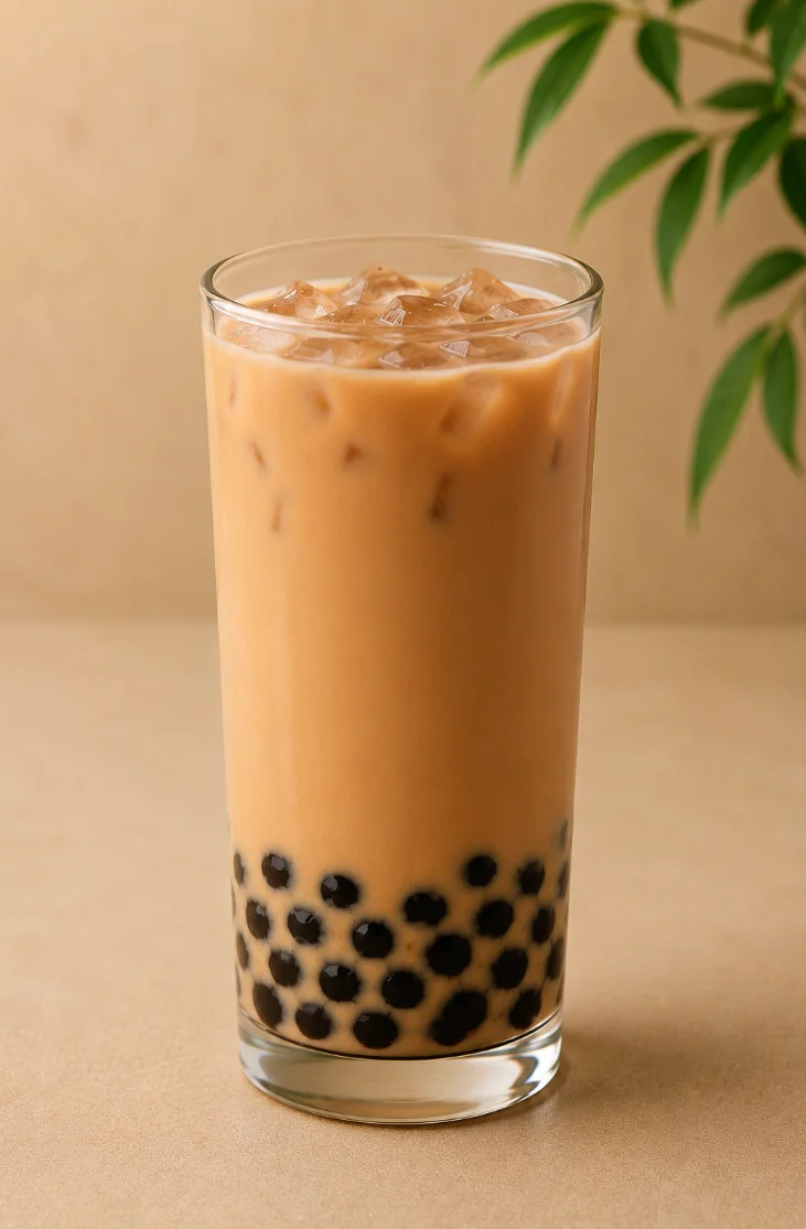 A glass filled with an orange drink, ice, and black tapioca pearls at the bottom.