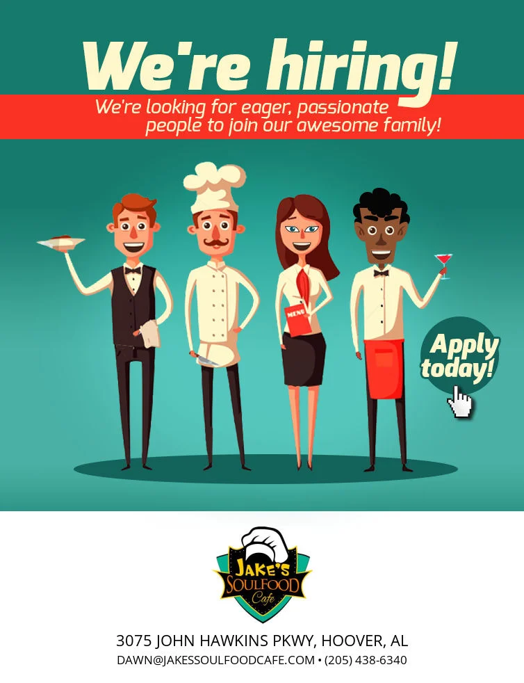 Hiring announcement for a soul food restaurant with cartoon staff