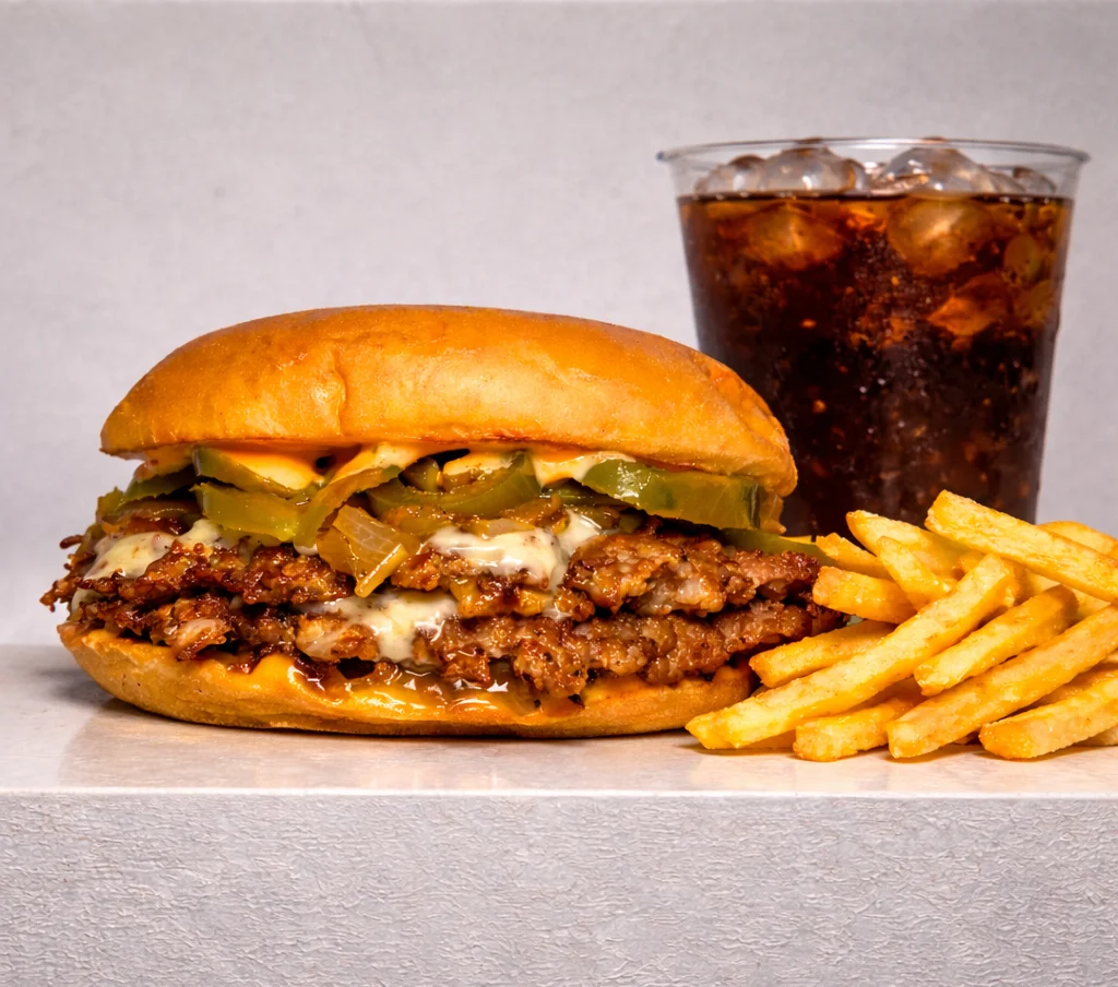Crispy chicken sandwich with pickles and fries