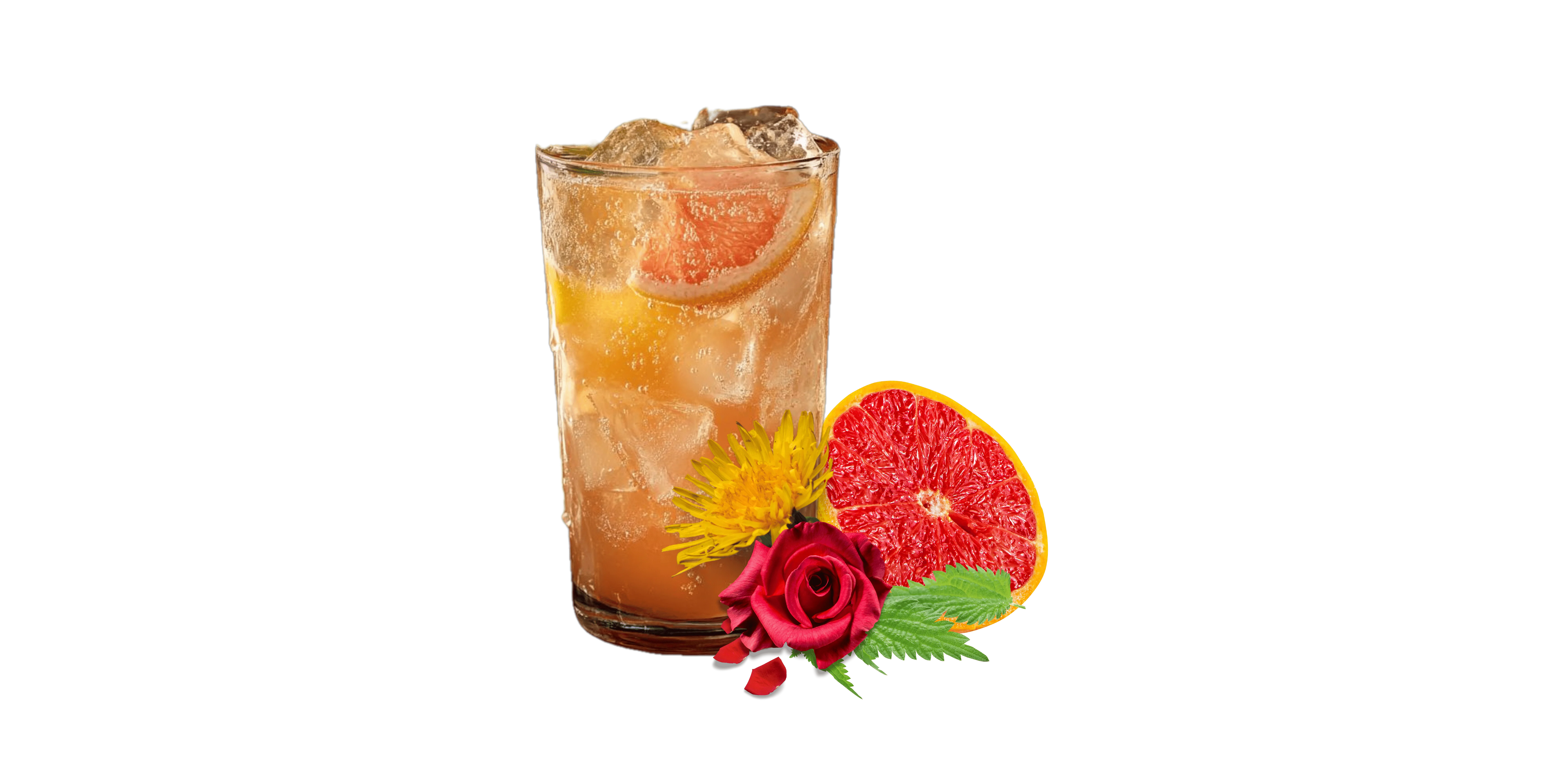 Refreshing cocktail garnished with flowers and citrus