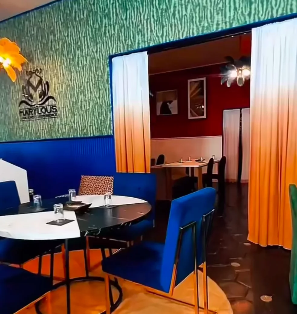 Vibrant restaurant interior with colorful decor and stylish seating