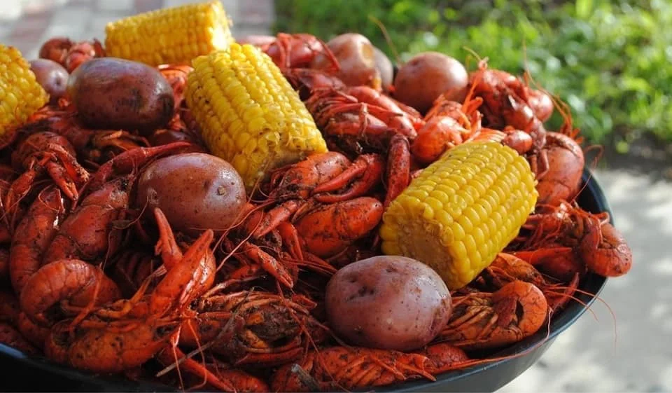 Louisiana crawfish boil with corn and potatoes