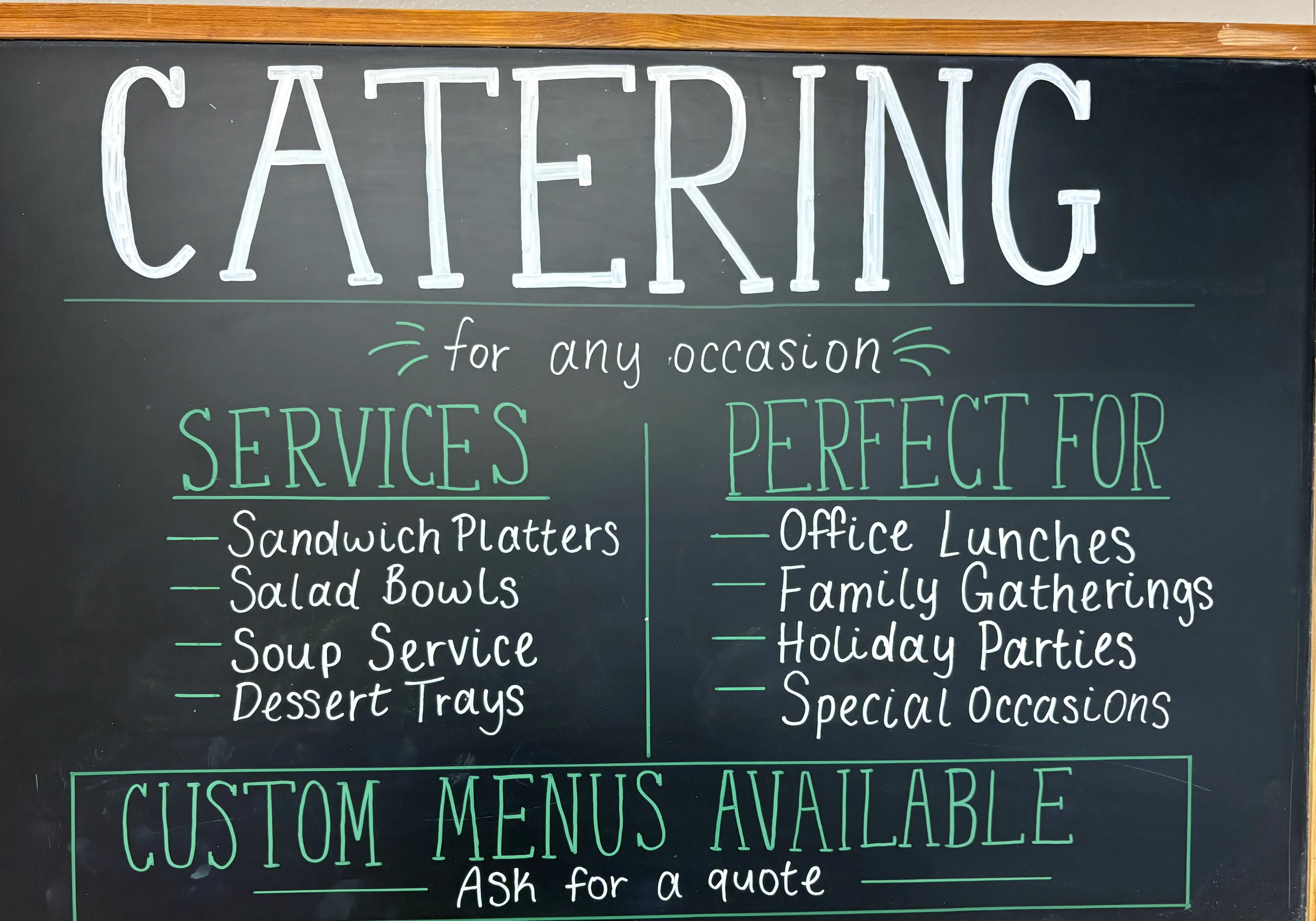 Catering menu board for various events and services