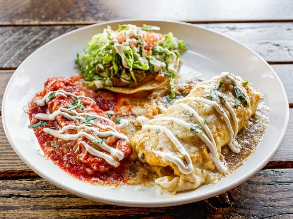 A plate of various Mexican dishes including enchiladas topped with cream, a taco with lettuce and tomatoes, and a portion of sauce, beautifully arranged.