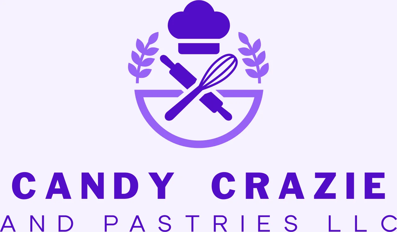 A colorful and modern logo featuring a chef's hat, rolling pin, and whisk, surrounded by leaves, representing a candy and pastry business.