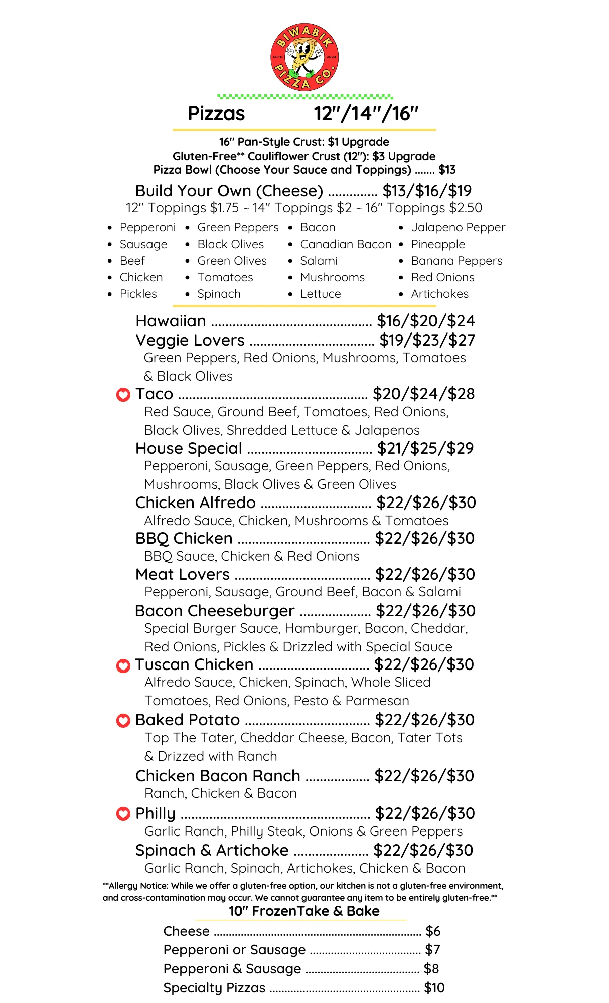 Dine-in menu featuring various food and drink options for April 2026.