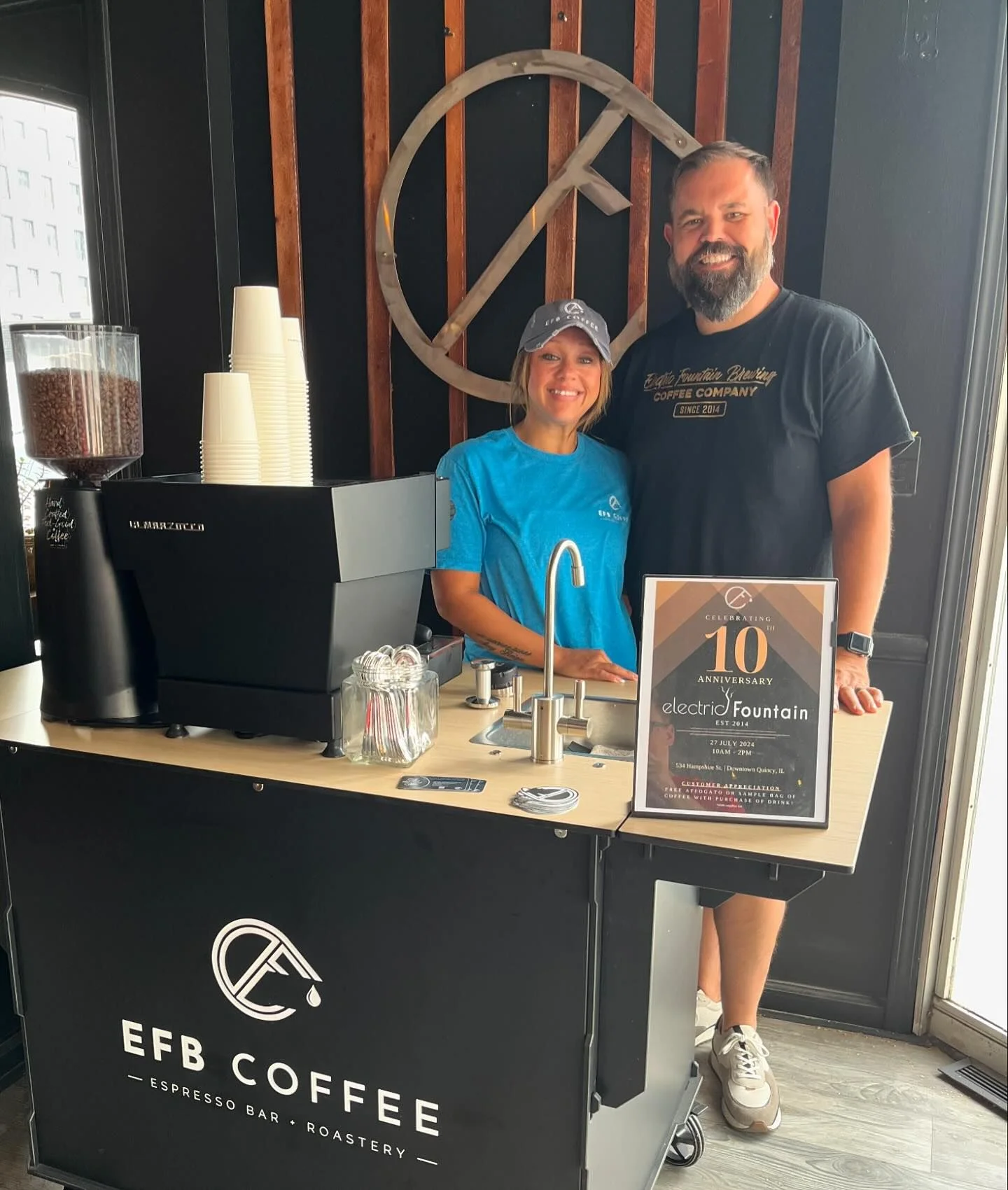 Coffee bar with staff celebrating 10th anniversary at EFB Coffee