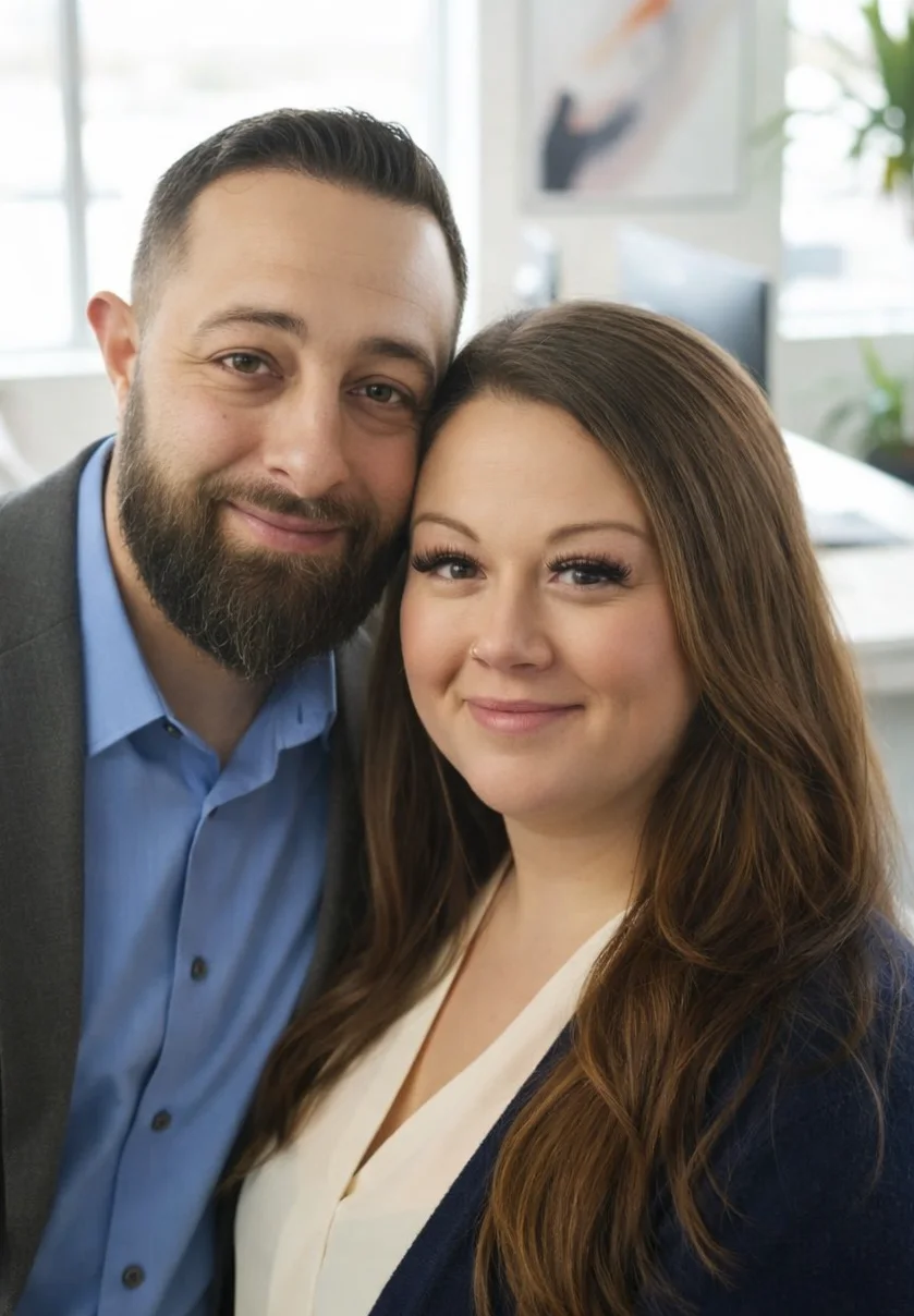Professional couple smiling in a modern office setting