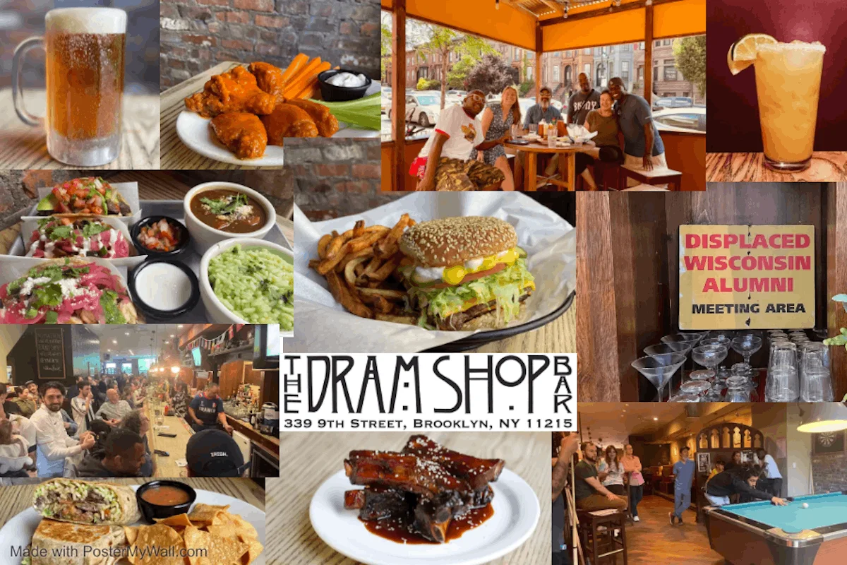 Vibrant bar scene with diverse dishes and drinks at The Dram Shop in Brooklyn