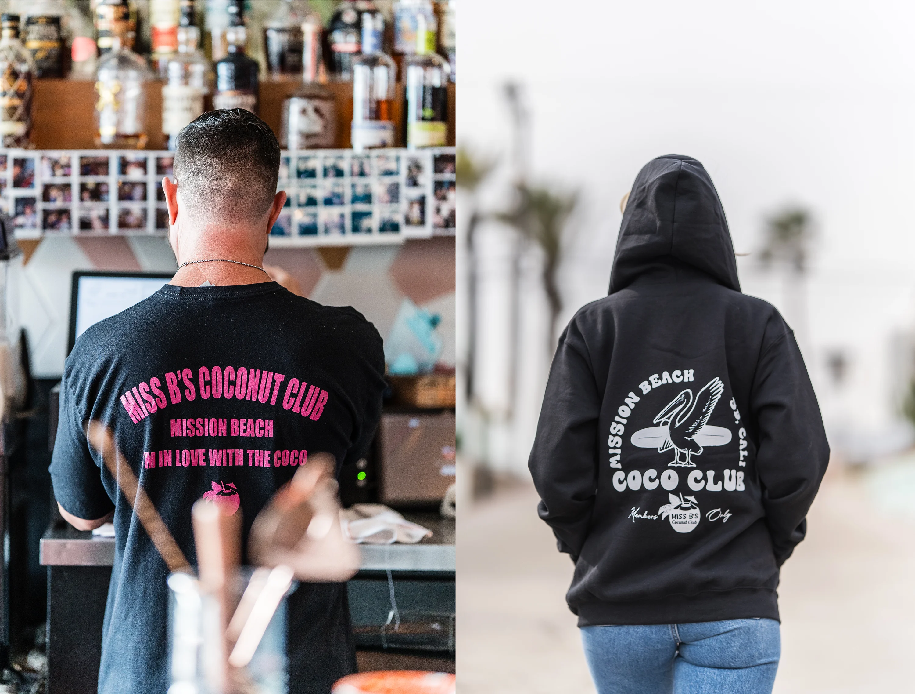 Staff wearing branded apparel at Miss B's Coconut Club in Mission Beach