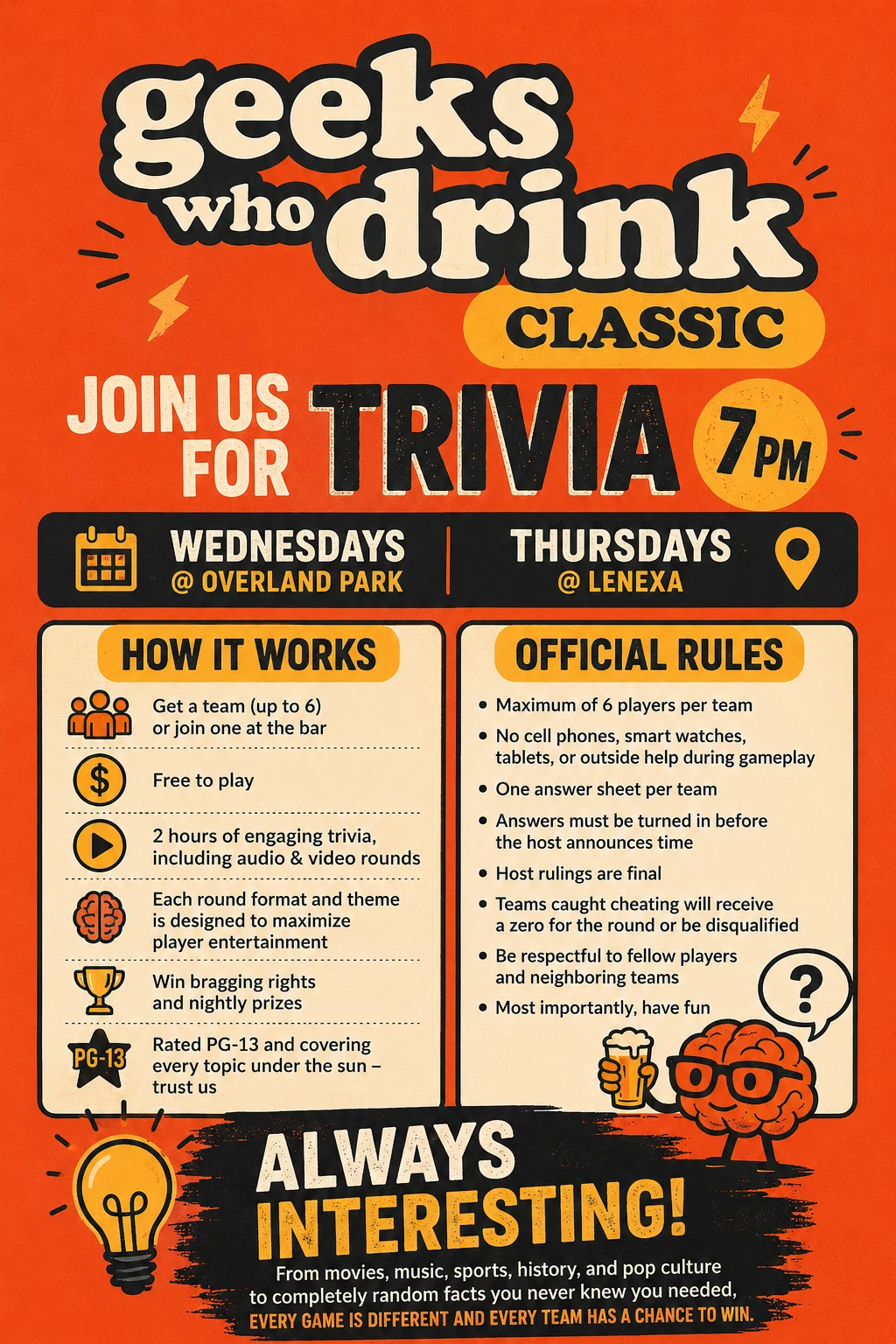 Trivia night event poster for Geeks Who Drink