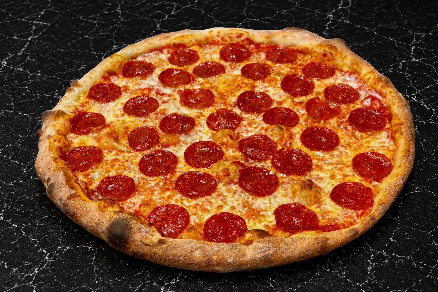 Classic pepperoni pizza on a black marble background