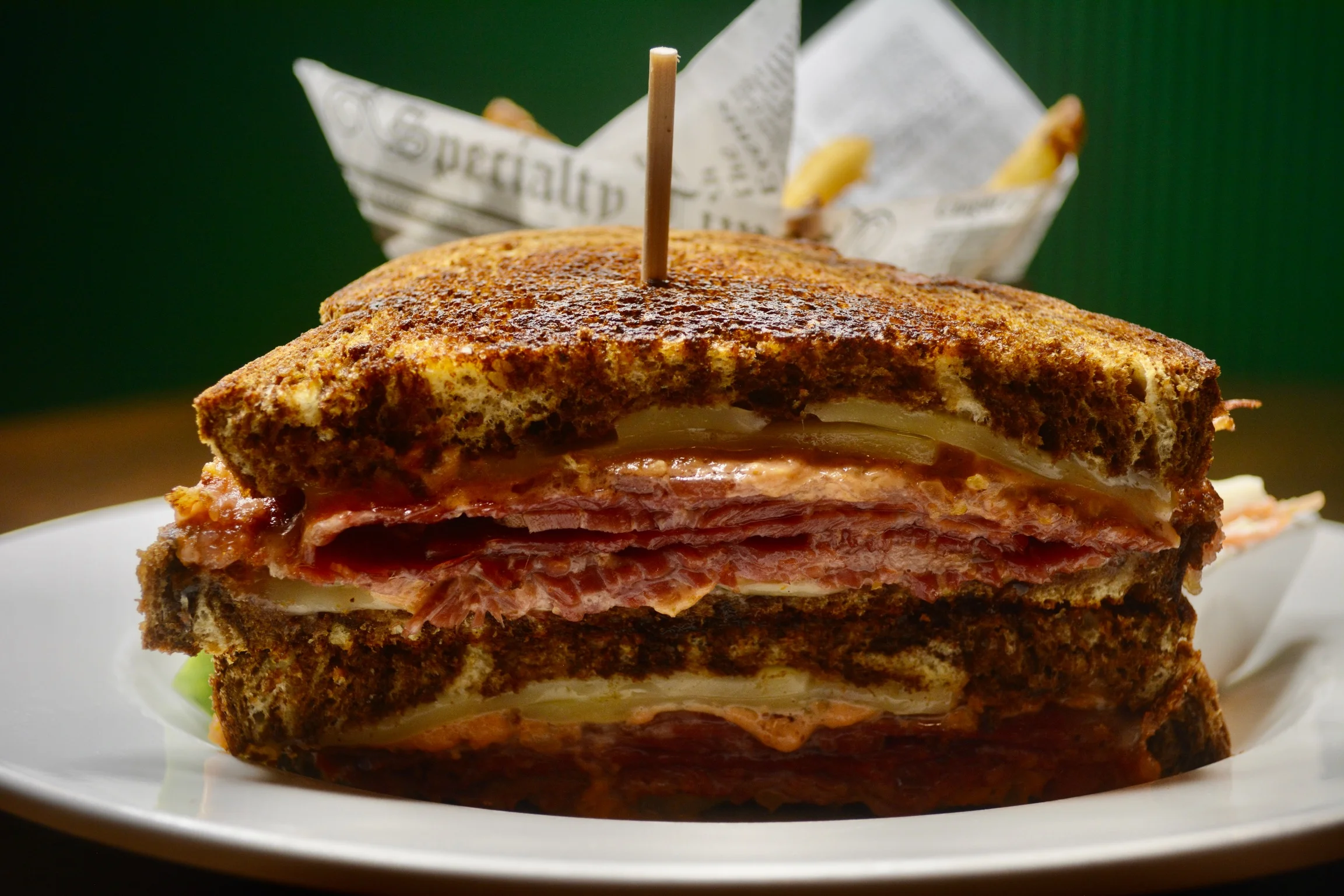 Classic Reuben sandwich stacked high with layers