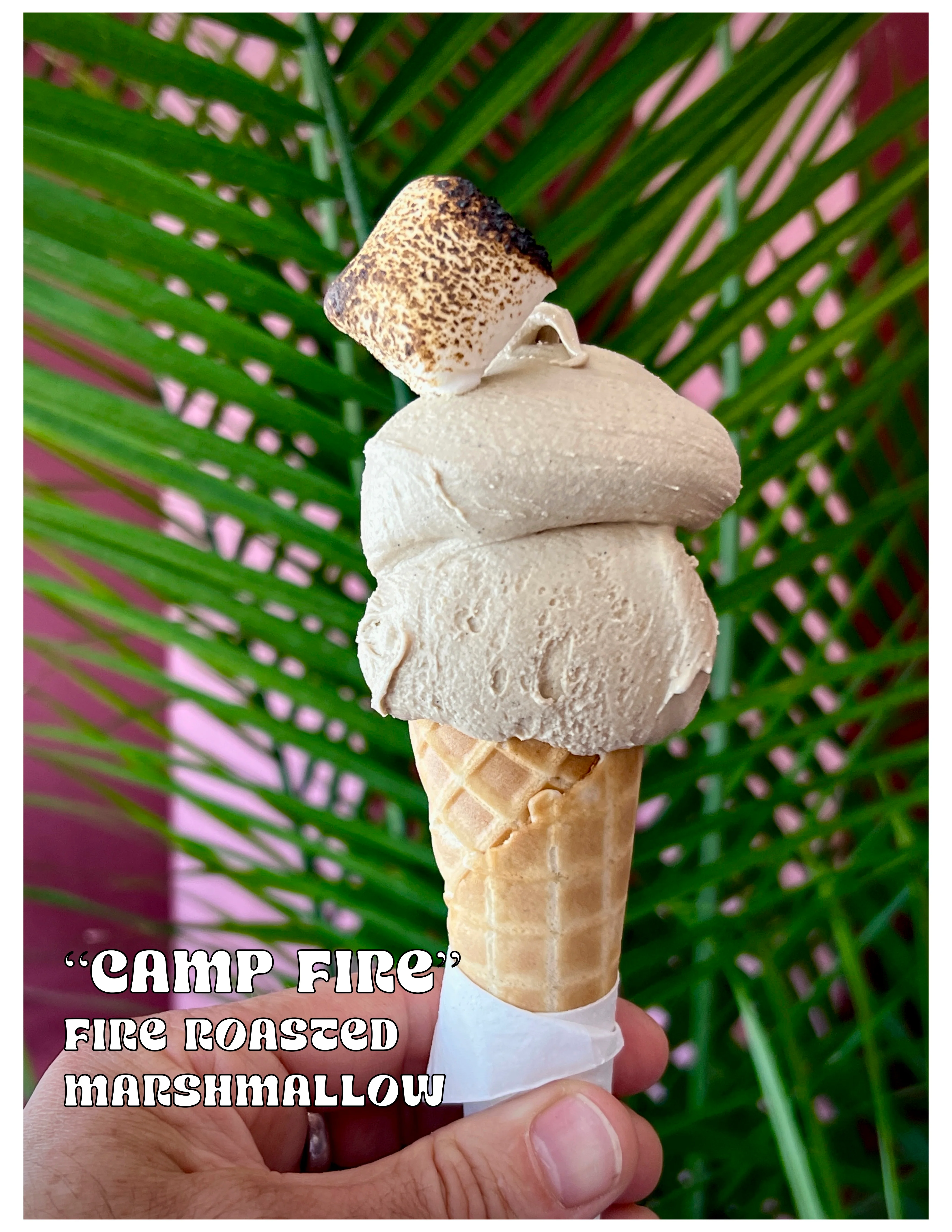 Fire roasted marshmallow ice cream cone with tropical backdrop