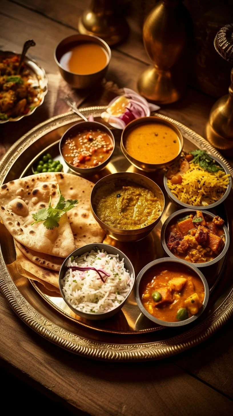 Traditional Indian thali with assorted curries and flatbreads