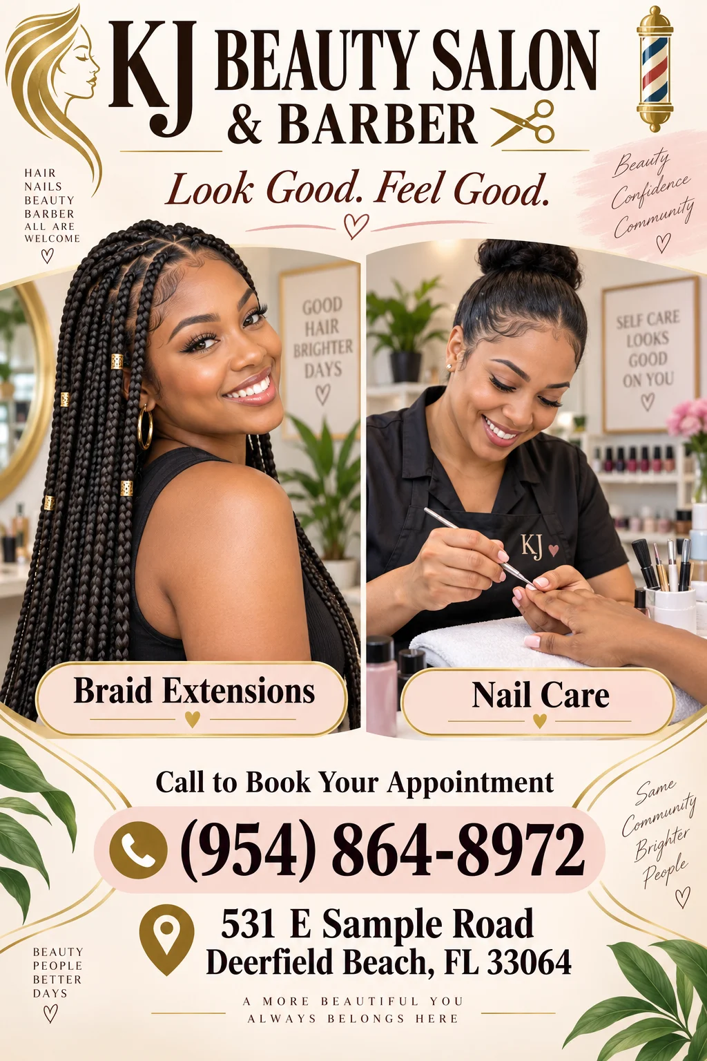 A promotional flyer for a beauty salon featuring two women: one with braided hair and another receiving a manicure. The design emphasizes hair and nail care services.