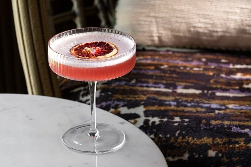 Elegant cocktail with blood orange garnish in a stylish glass