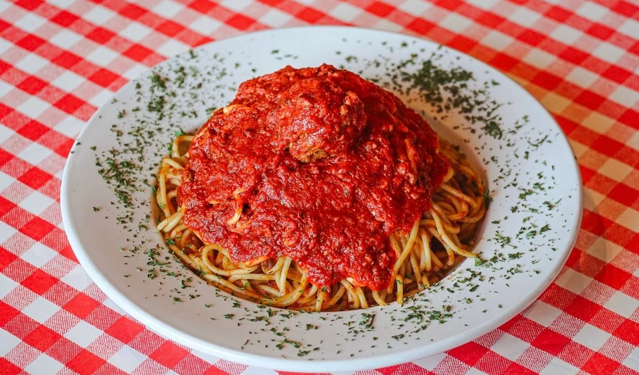 Classic spaghetti and meatballs in marinara sauce