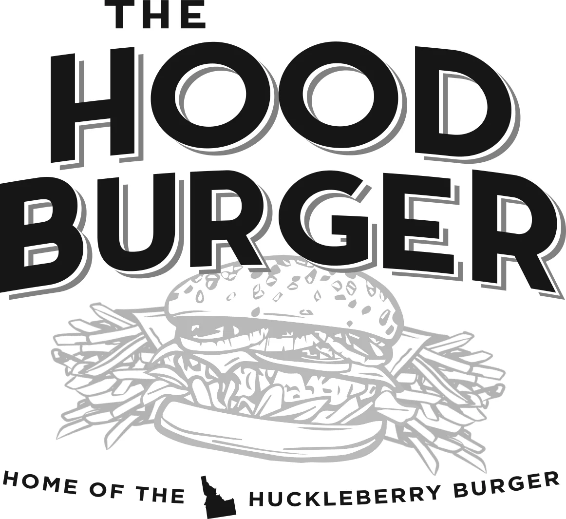A stylized logo featuring a burger with toppings and a side of fries. The text emphasizes the name 'The Hood Burger' and highlights its specialty item, the 'Huckleberry Burger'.