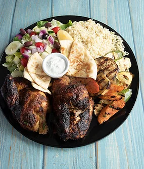 Grilled Mediterranean chicken platter with rice and salad