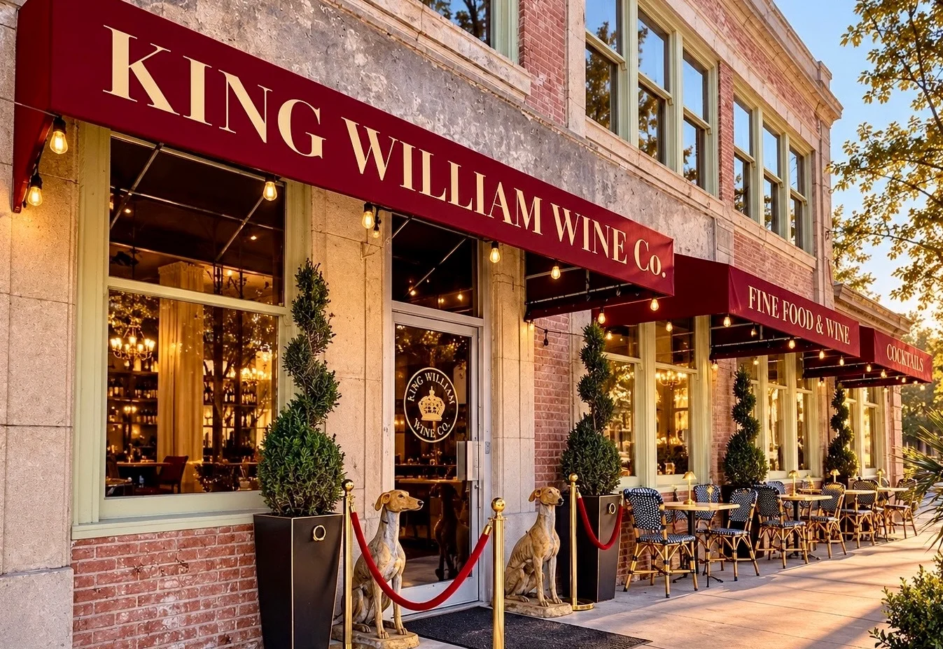 Elegant restaurant dining setup with chandeliers
