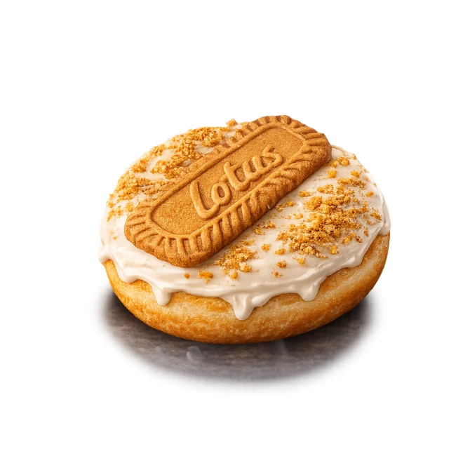 Vegan Biscoff cake donut with Biscoff glaze, cookie crumble, and whole Biscoff cookie