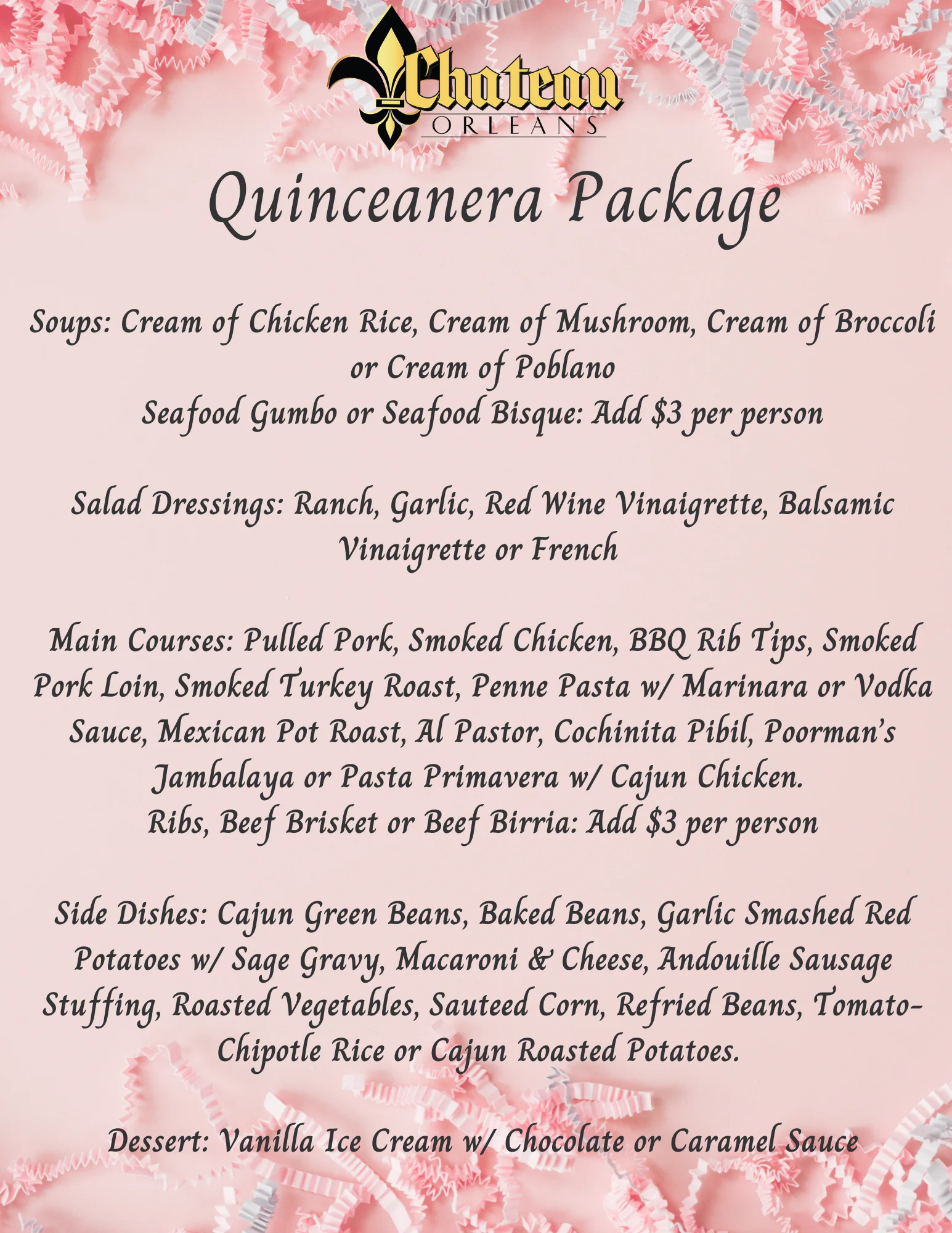 Quinceañera catering menu featuring diverse main courses and desserts