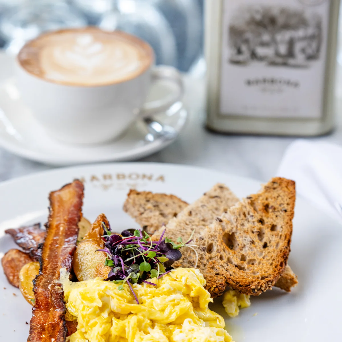 Classic American breakfast with scrambled eggs and bacon