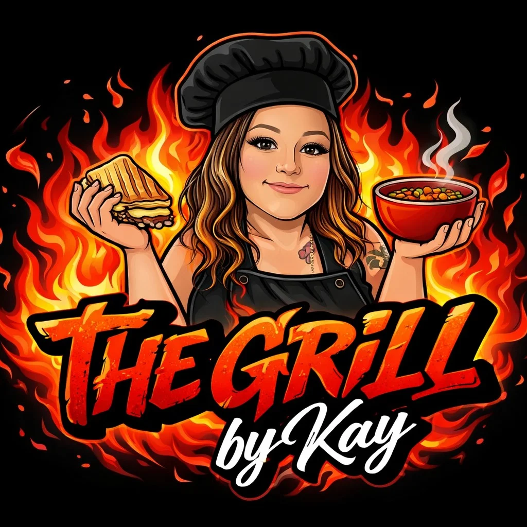 Logo for The Grill by Kay featuring a chef with food
