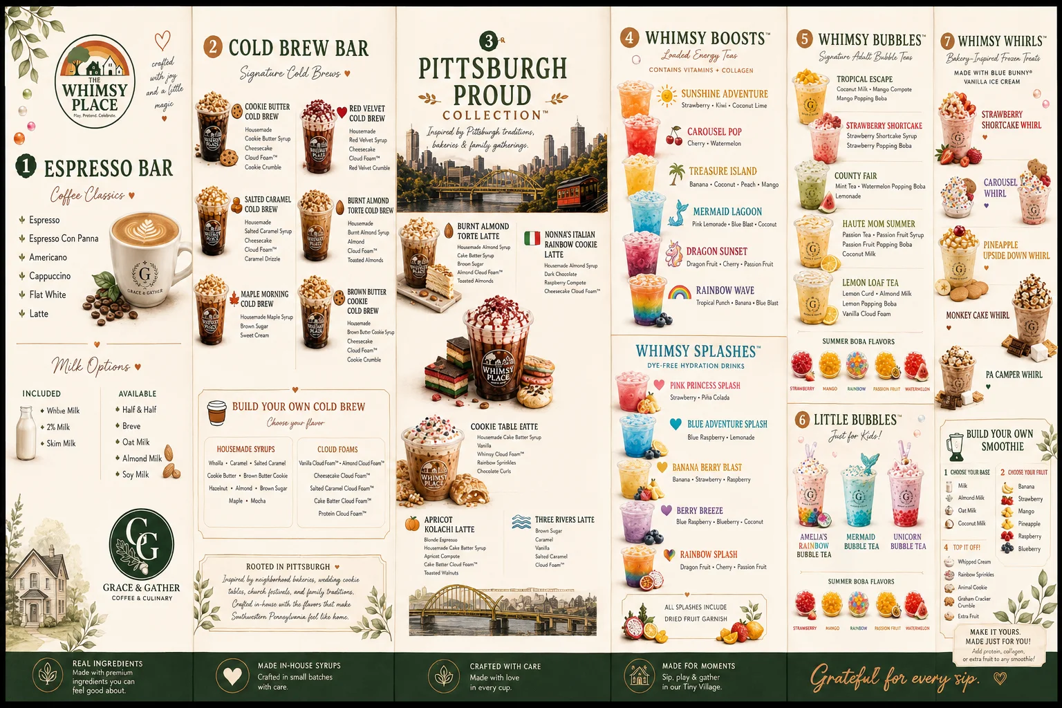 A vibrant menu showcasing colorful bubble tea options aimed at children, featuring playful names and a whimsical design with splashes of color and fun elements.