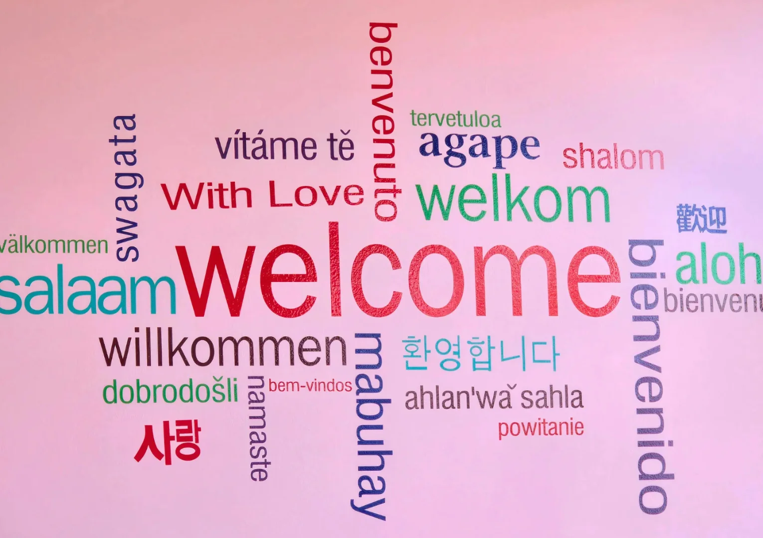 Colorful welcome wall art in multiple languages