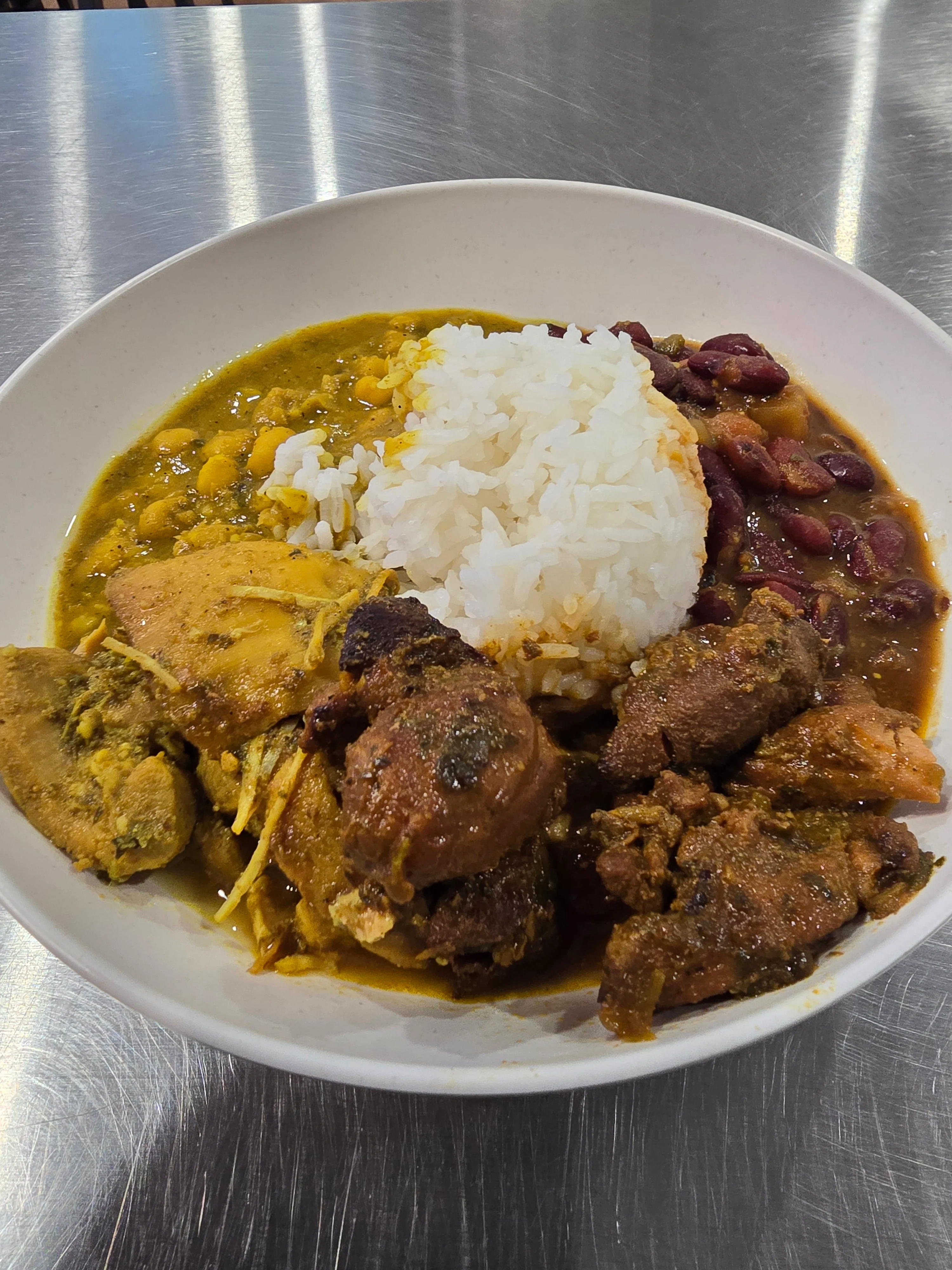 Caribbean curry chicken with rice and beans