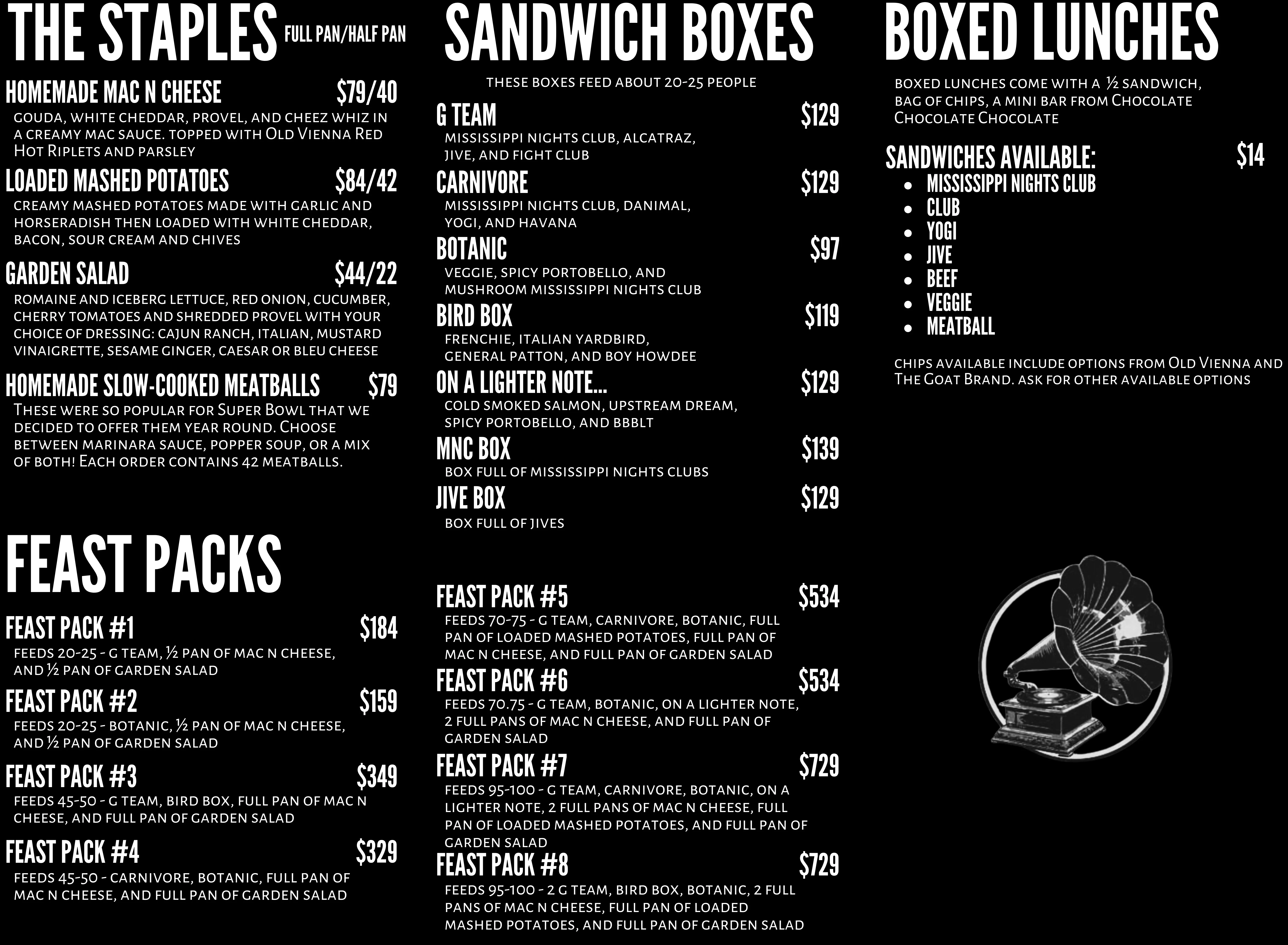 Catering menu featuring Southern comfort food options
