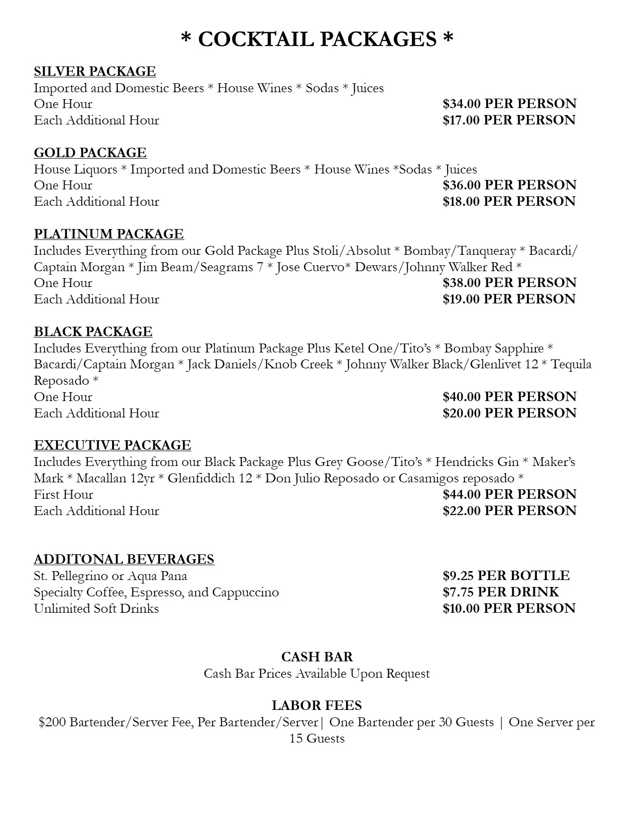 Cocktail package menu with various drink options and pricing details
