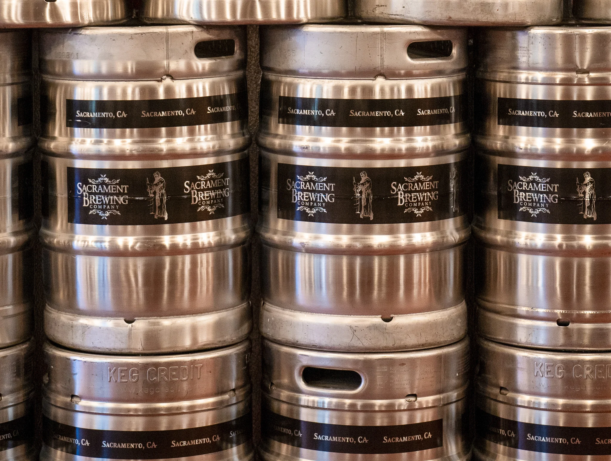 Stacked kegs from Sacrament Brewing Company in Sacramento, CA