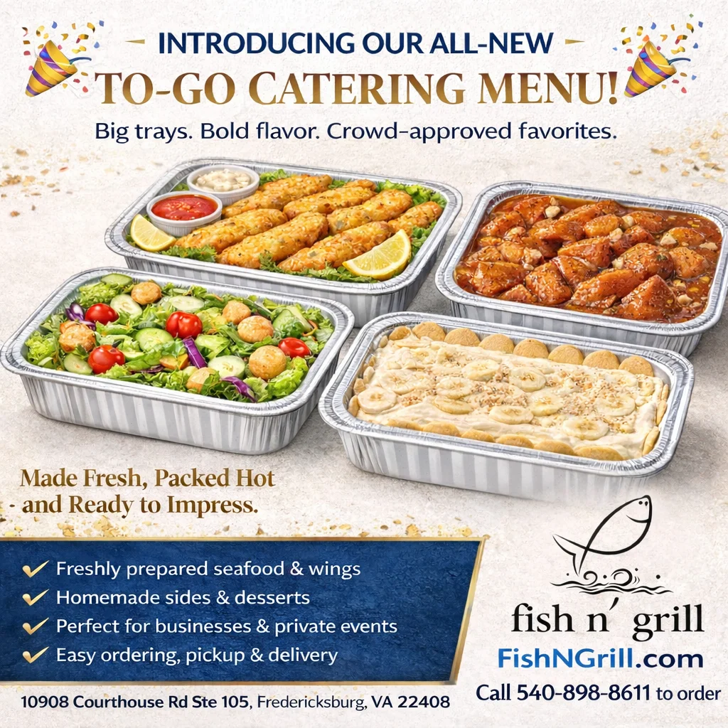 To-go catering trays with seafood and wings