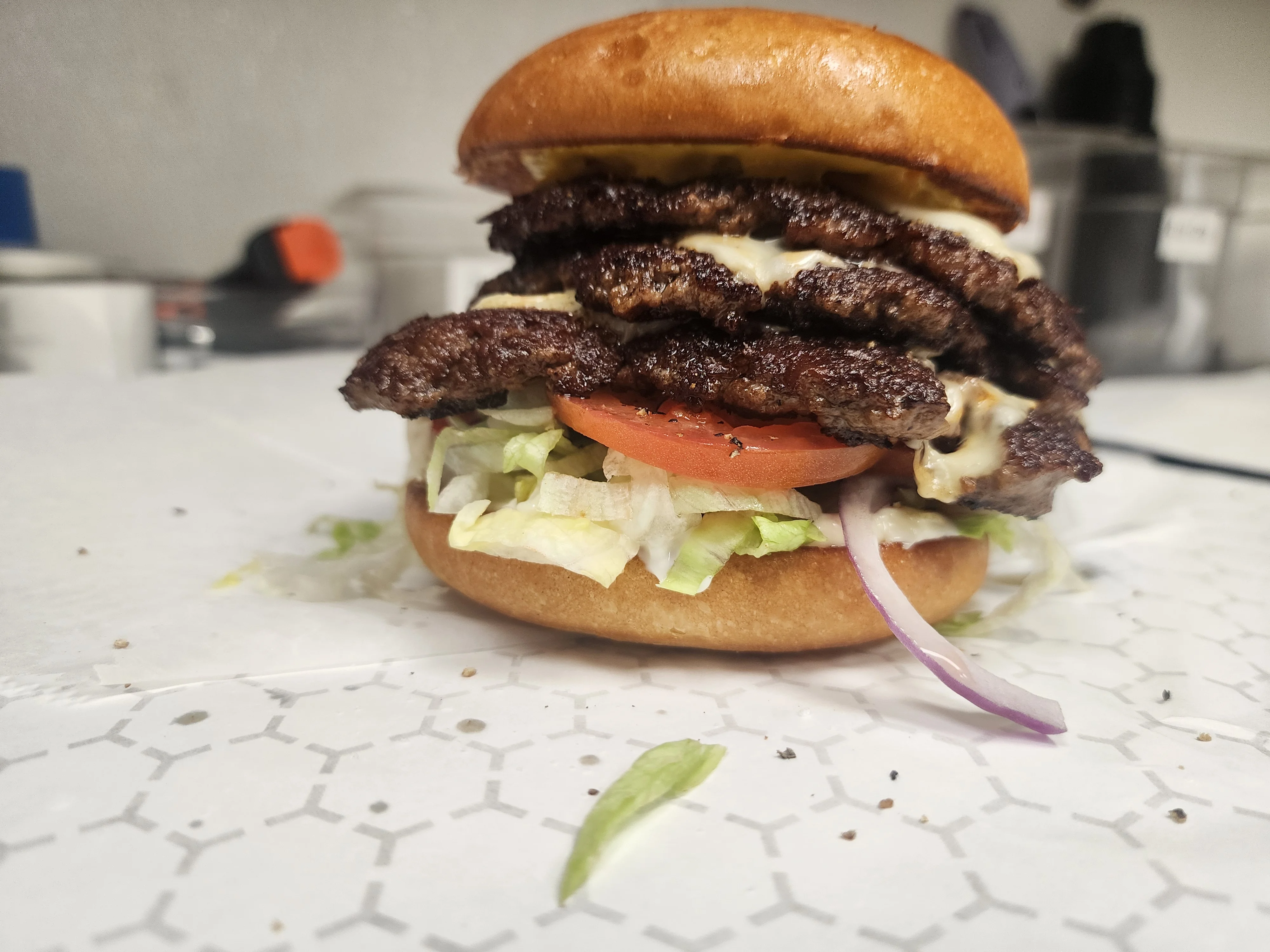 Juicy double cheeseburger with layers of beef patties