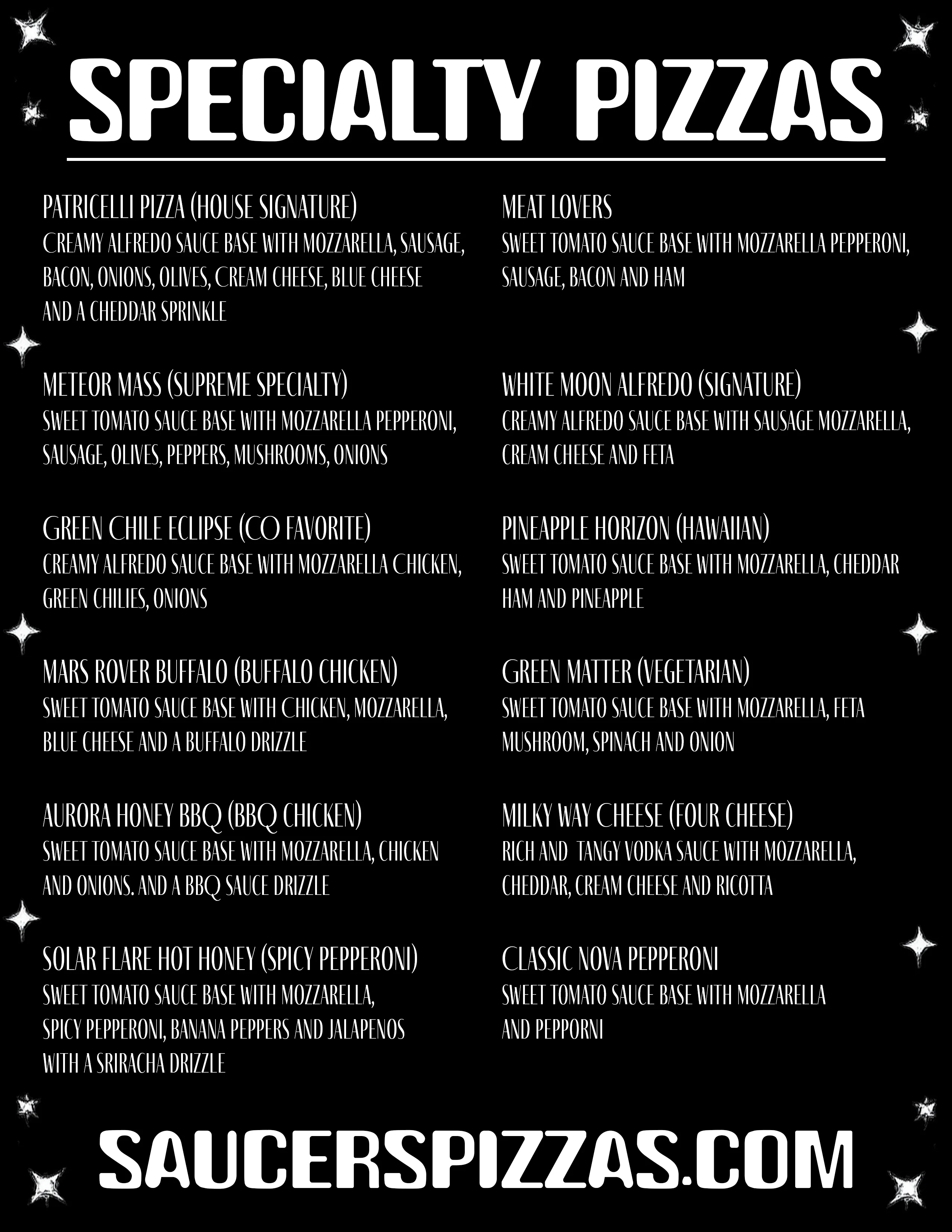 Menu featuring a variety of delicious dishes and beverages.