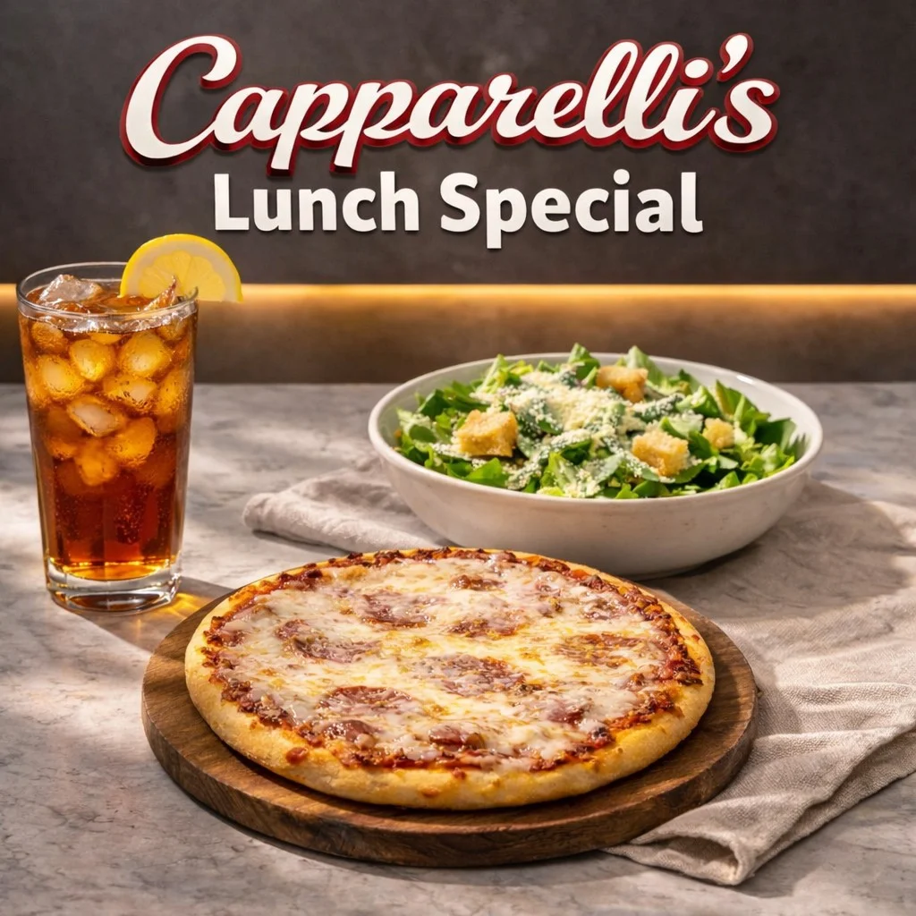 A lunch special featuring a pizza, a Caesar salad, and a glass of iced tea with a lemon wedge. The meal is presented on a marble surface.