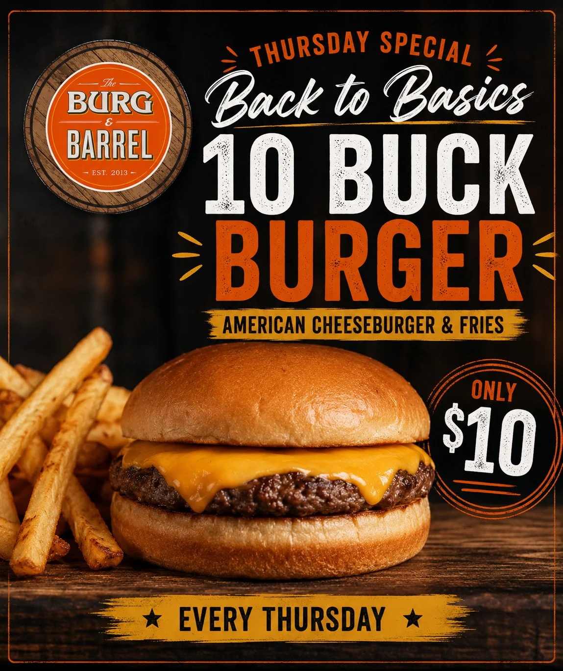 Promotional image for a $10 American cheeseburger and fries special.