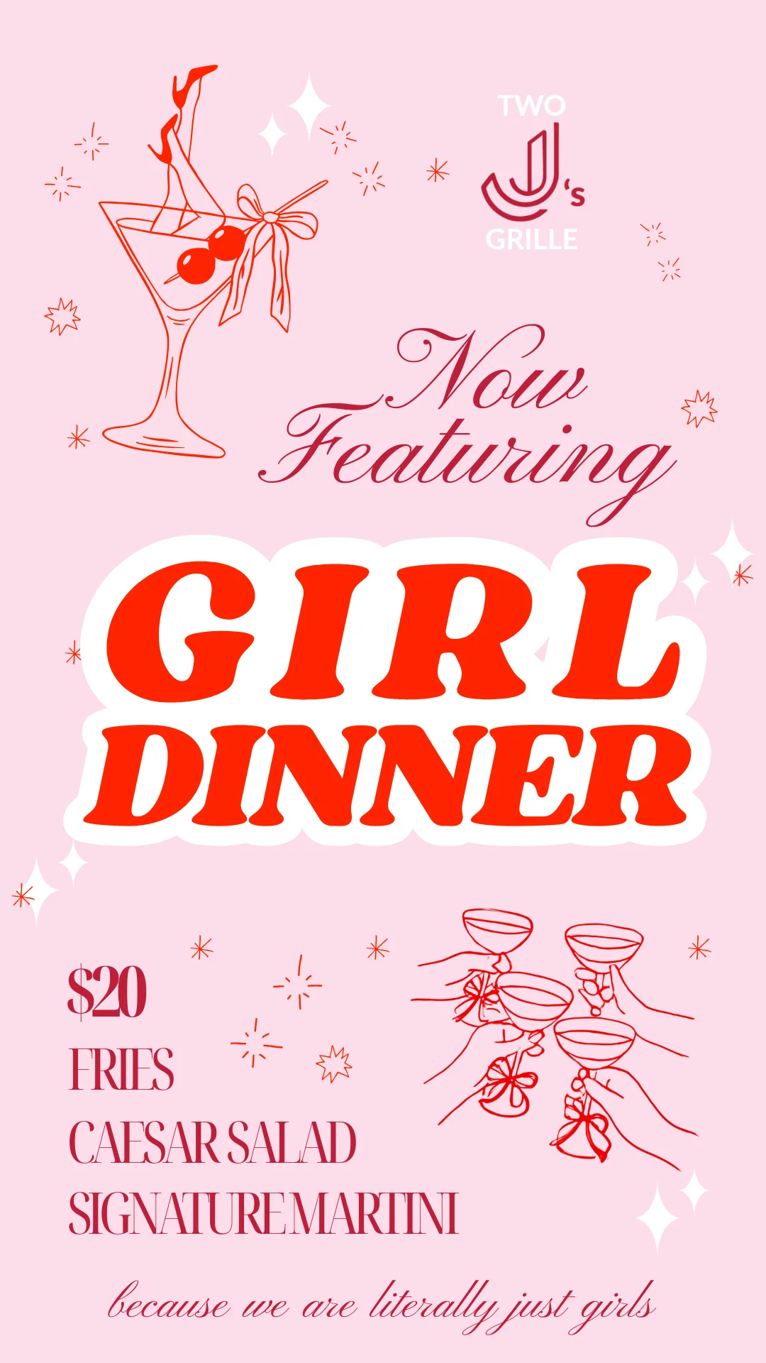 Promotional poster for a girls' dinner featuring cocktails and salads