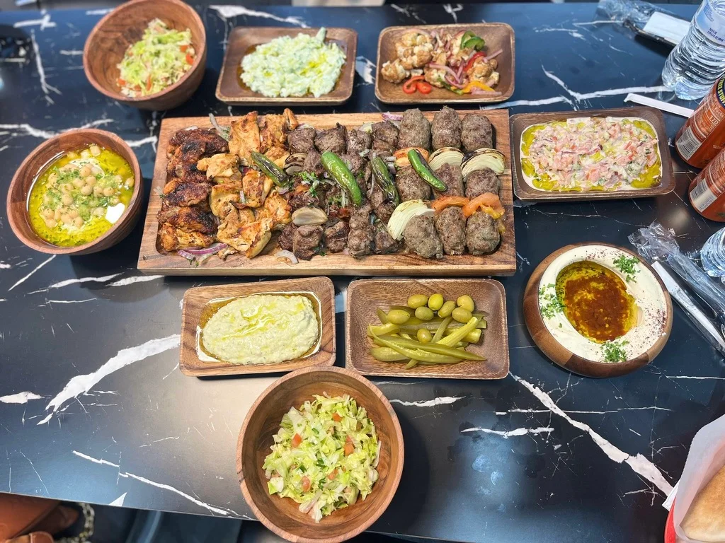 Assorted Middle Eastern grilled meats platter with sides