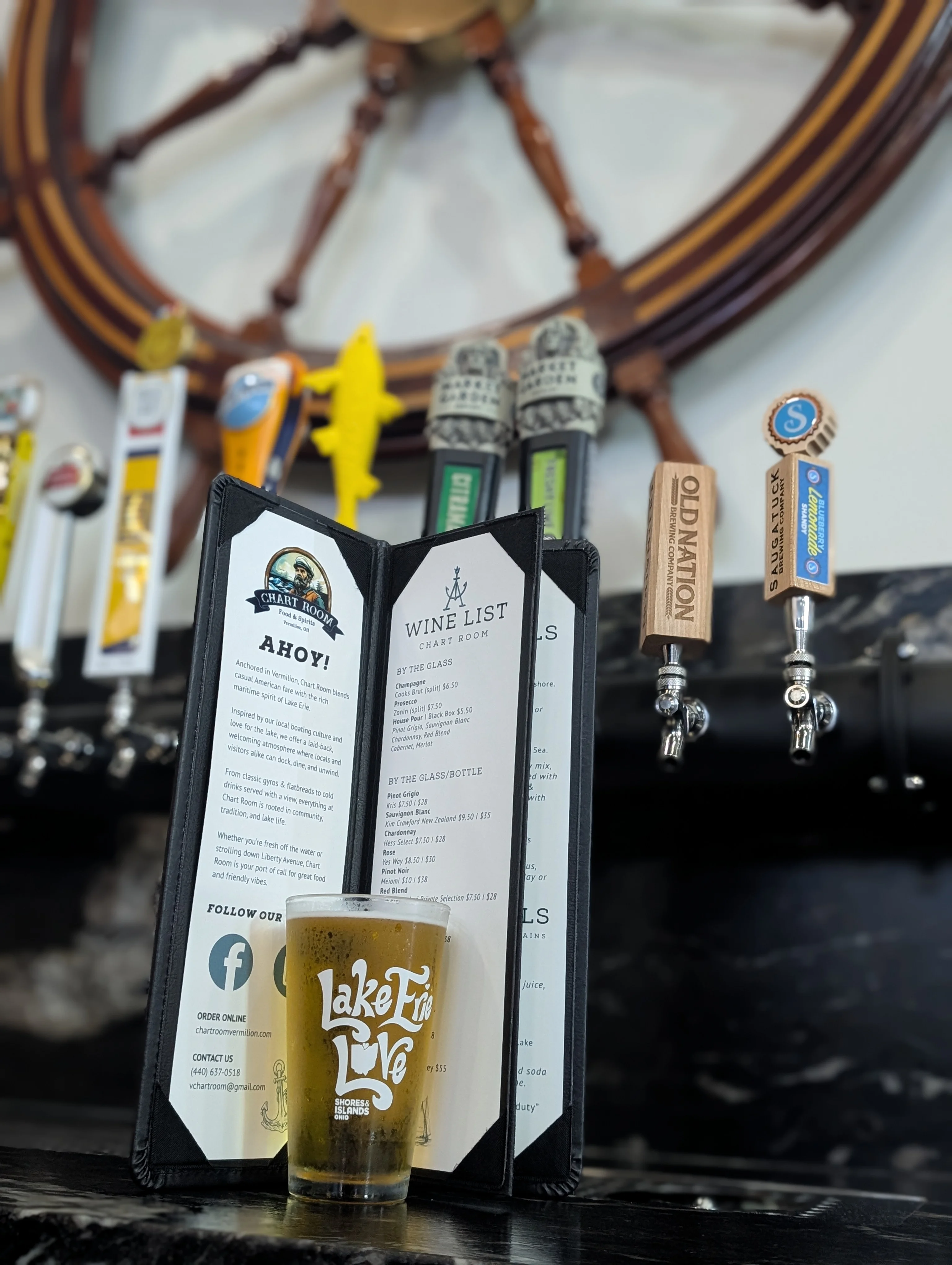 Craft beer and wine list at a nautical-themed bar